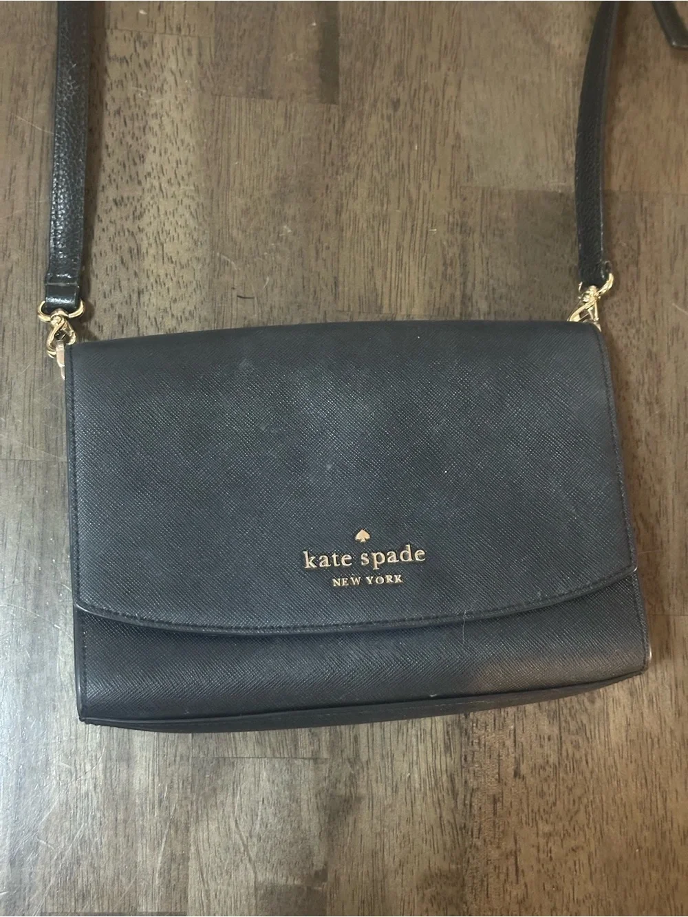 kate spade Black Leather Crossbody with Gold Logo